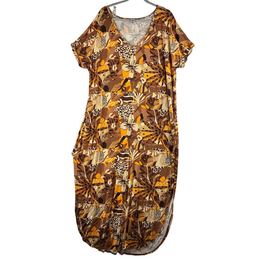 Maxi Scoop Hem Tropical Tribal Mixed Print Maxi Dress Vaca Womens 2X Cat Leopard